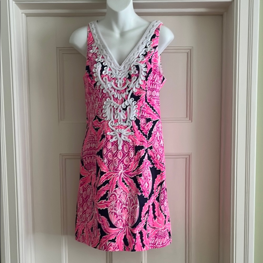 Lilly Pulitzer Pink and Blue Embellished V-Neck Sheath Dress